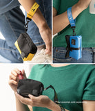 Mini Pouch Tarpaulin | Roll Top - Three views of small, colorful pouches with wrist straps being held or worn by people.