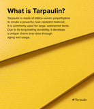 Mini Pouch Tarpaulin | Roll Top - Text explaining tarpaulin material overlaid on a textured, bright yellow fabric background.
