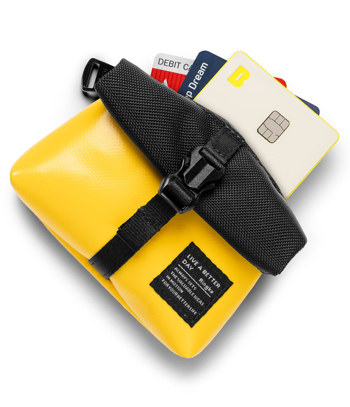 Mini Pouch Tarpaulin | Roll Top - Yellow tarpaulin pouch with a black roll-top buckle closure and credit cards tucked inside.