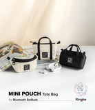 Mini Pouch | Tote Bag - Three miniature canvas pouches in beige and black, displayed with white wireless earbuds on a table.