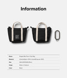 Mini Pouch | Tote Bag - Two black mini tote bags with cream handles and a carabiner, displayed with product specifications.