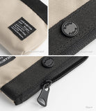 Mini Pouch | 2-Way Bag Miniature - Close-up of beige fabric, Ringke logo button, product label, and black zipper detail.