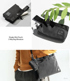 Mini Pouch | 2-Way Bag Miniature - Black nylon pouch with a wrist strap, zipper, and brand label, shown solo and attached to a bag.