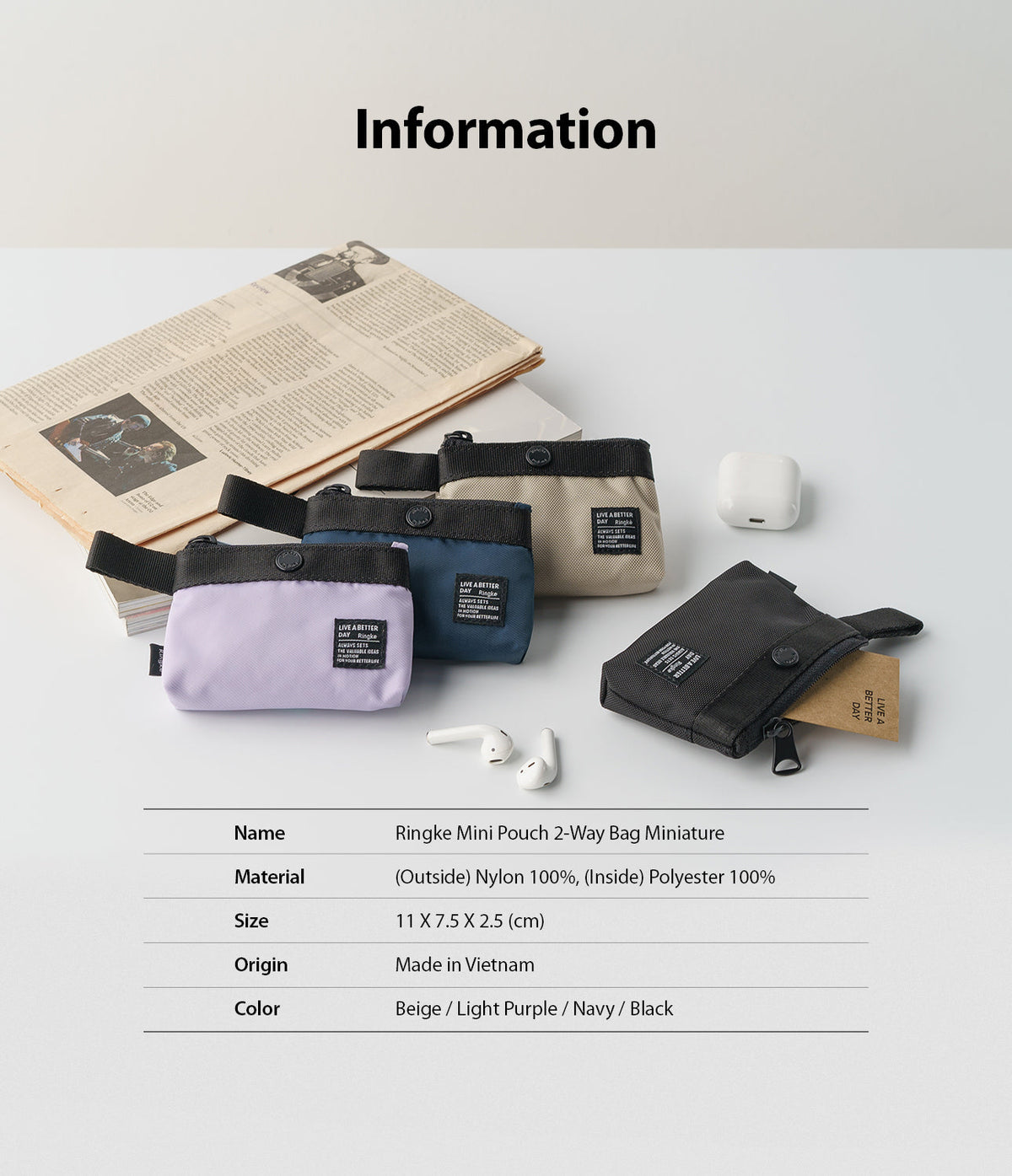 Mini Pouch | 2-Way Bag Miniature - Four small zippered pouches in purple, blue, beige, and black arranged on a white surface.