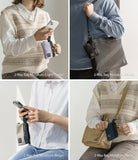 Mini Pouch | 2-Way Bag Miniature - Four views of small pouches in light purple, black, beige, and navy attached to larger bags.