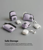 Mini Pouch | 2-Way Bag Miniature - Four light purple pouches arranged with various white wireless earbud cases on a gray surface.