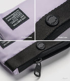 Mini Pouch | 2-Way Bag Miniature - Close-up of lavender pouch details including a branded label, Ringke logo button, and zipper.