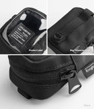 Mini Pouch | Block - Close-up views of a black pouch showing a clear window label, a connector strap, and a sturdy zipper.