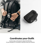 Mini Pouch | Block - A black mini pouch attached to a backpack strap, shown alongside a close-up of the pouch's textured fabric.