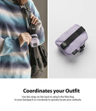 Mini Pouch | Block - A small lavender pouch attached to a backpack strap, shown both in use and isolated on a white background.
