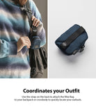 Mini Pouch | Block - A navy blue mini pouch attached to a backpack strap, shown both in use and isolated on a white background.