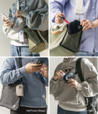 Mini Pouch | Half-Pocket - Four views of small pouches in light purple, black, beige, and navy clipped to various bags.
