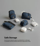 Mini Pouch | Half-Pocket - Navy blue storage pouches arranged with various white wireless earbud cases on a gray surface.