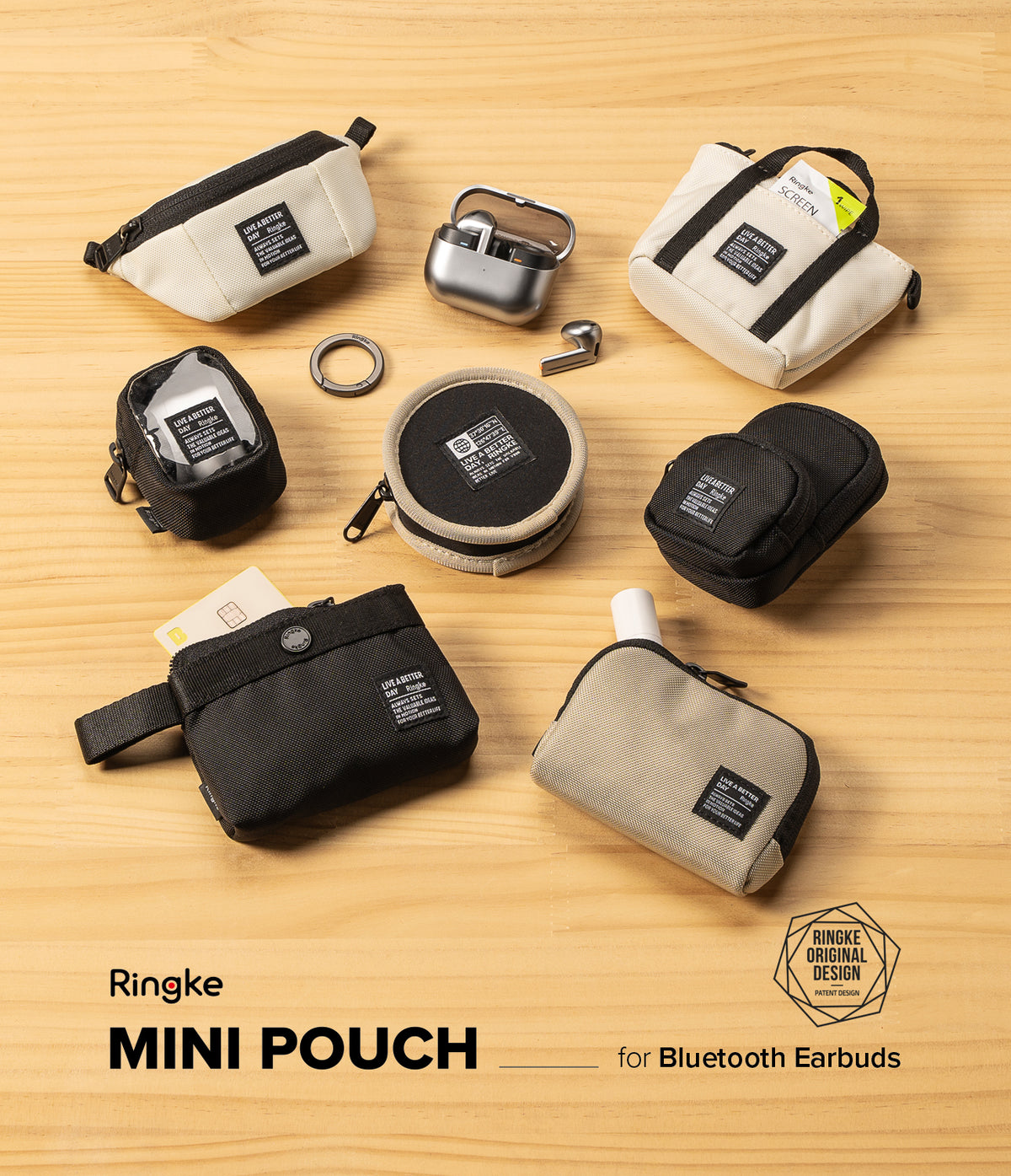 Mini Pouch | Block - Assorted small fabric pouches and cases for earbuds and accessories arranged on a wooden surface.