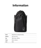 Mini Cross Bag | Bucket Bag - Black nylon drawstring bucket bag with a small branded patch and adjustable rope strap.