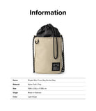 Mini Cross Bag | Bucket Bag - Light beige bucket bag with black drawstring top, shoulder strap, and product information table.
