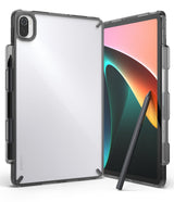 Xiaomi Pad 5 / 5 Pro | Fusion - Clear protective case on a tablet with a stylus pen and abstract screen wallpaper.