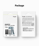 Card Holder | Magnetic Slot - Front and back view of Ringke magnetic card holder packaging showing product details and colors.