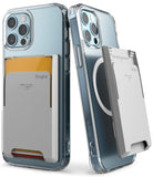 Card Holder | Magnetic Slot - Two clear phone cases with gray magnetic card holders attached to the back, one holding cards.