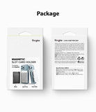 Card Holder | Magnetic Slot - Front and back view of Ringke magnetic card holder packaging with product details and color options.