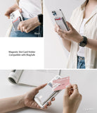 Card Holder | Magnetic Slot - Three views of a magnetic phone card holder in black, light gray, and clear mist holding bank cards.