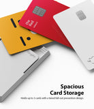 Card Holder | Magnetic Slot - Silver Ringke card holder fanned out with three colorful credit cards on a white background.