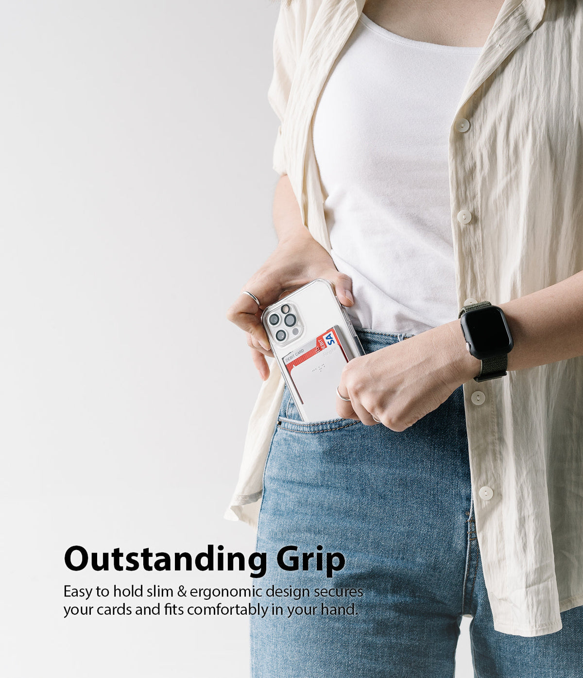 Card Holder | Magnetic Slot - Person sliding a phone with a magnetic card holder into their jeans pocket.