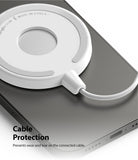 MagSafe Charger Case | Slim - White magnetic charger attached to the back of a gray smartphone with cable protection.