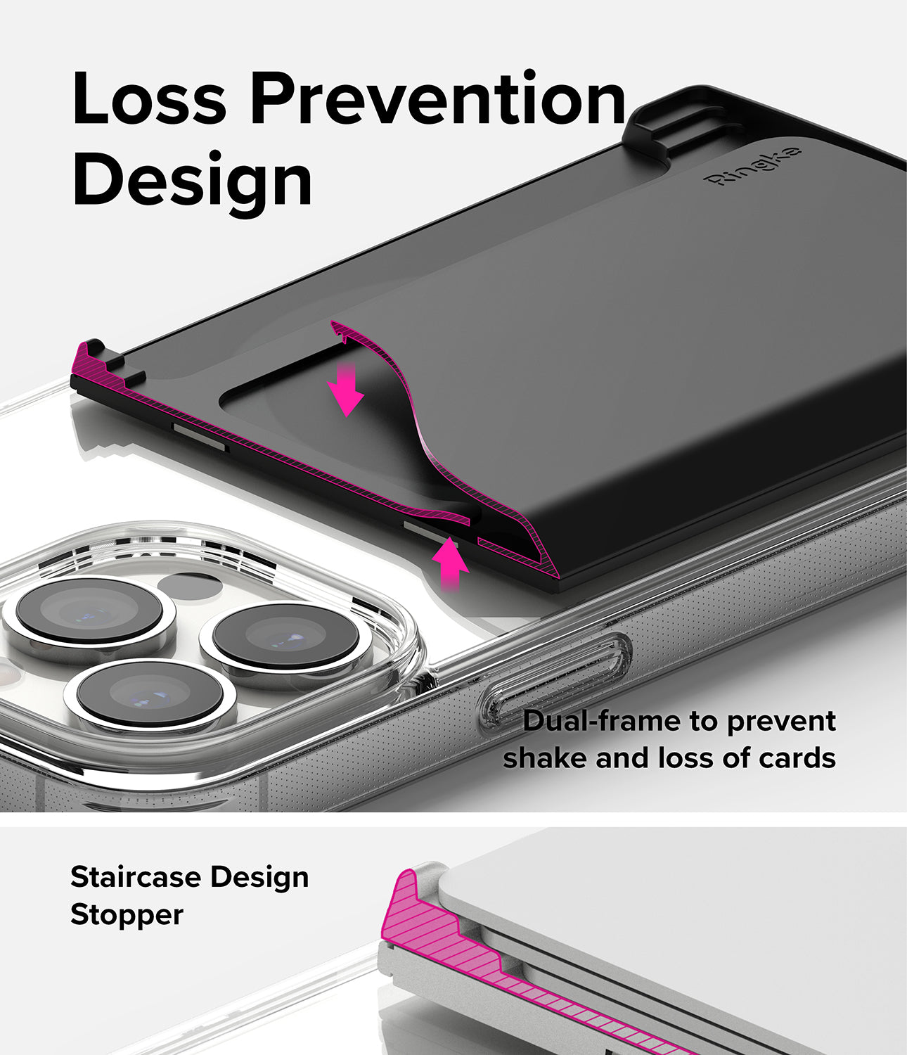Card Holder | Magnetic Side Slot - Black magnetic card holder on a clear phone case with highlighted dual-frame and stopper design.