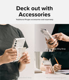 Card Holder | Magnetic Side Slot - Three views of a phone with a magnetic card holder, strap, and kickstand accessories attached.