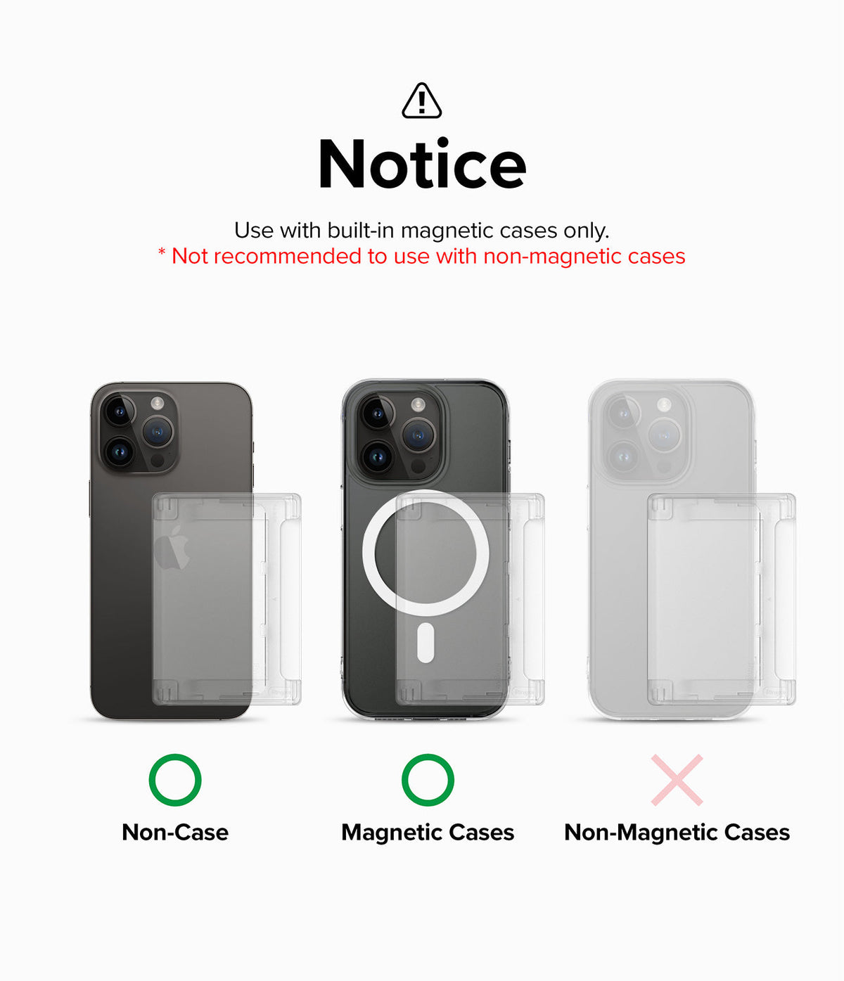Card Holder | Magnetic Side Slot - Compatibility guide showing magnetic card holder usage on phones with and without cases.