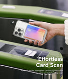 Card Holder | Magnetic Side Slot - Hand holding a phone with a magnetic card holder over a subway turnstile card reader.
