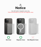 Card Holder | Magnetic Side Slot - Infographic showing compatibility with magnetic cases vs non-magnetic cases.