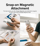 Card Holder | Magnetic Side Slot - Hands attaching and using a magnetic card holder on the back of a clear smartphone case.