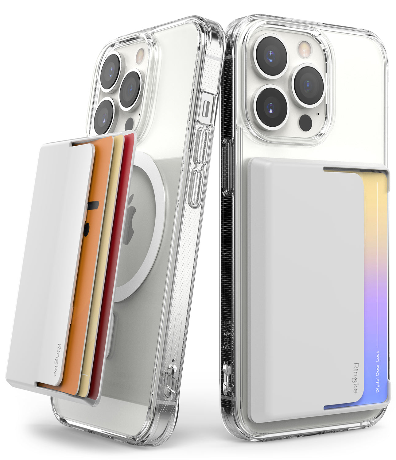 Card Holder | Magnetic Side Slot - Two clear phone cases with white magnetic card holders, one showing cards sliding out the side.