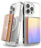 Card Holder | Magnetic Side Slot - Two clear phone cases with magnetic card holders attached, showing side-loading card slots.