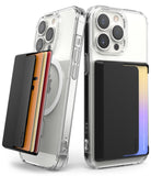 Card Holder | Magnetic Side Slot - Two clear phone cases with black magnetic card holders, one showing cards sliding out.