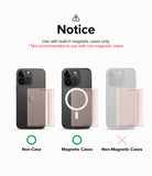 Card Holder | Magnetic Side Slot - Infographic showing compatibility: magnetic cases are recommended, non-magnetic are not.