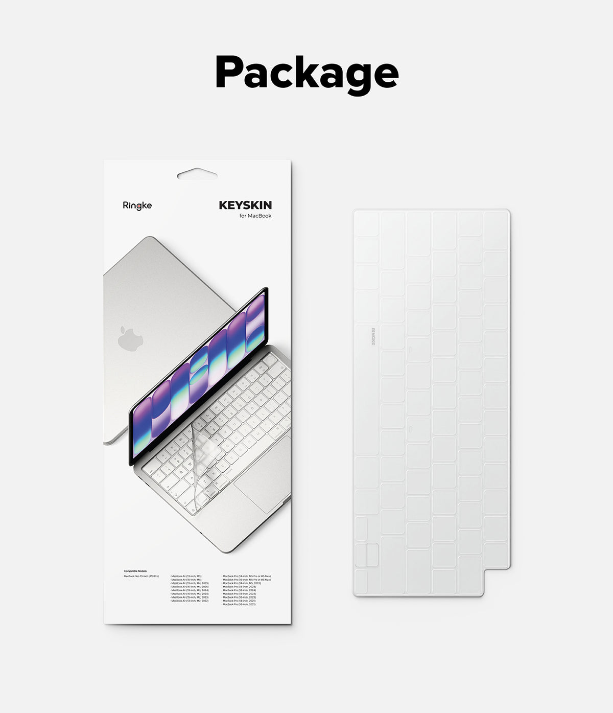 MacBook Neo | Keyskin - A package and a clear screen protector shown on a light gray background under the heading 'Package'. The package is white with an illustration of a laptop and the brands 'Ringbe' and 'KEYSKIN' visible.