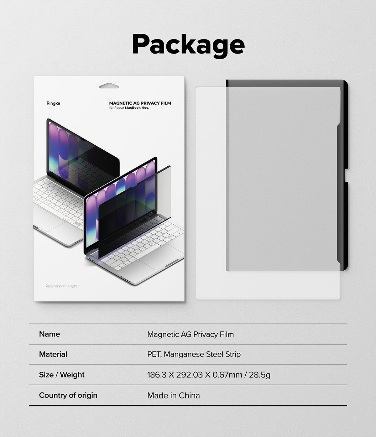 MacBook Neo | Magnetic AG Privacy Film - Product packaging and a transparent magnetic AG privacy film shown on a light gray background, with text listing the product name, material, size, weight, and country of origin.