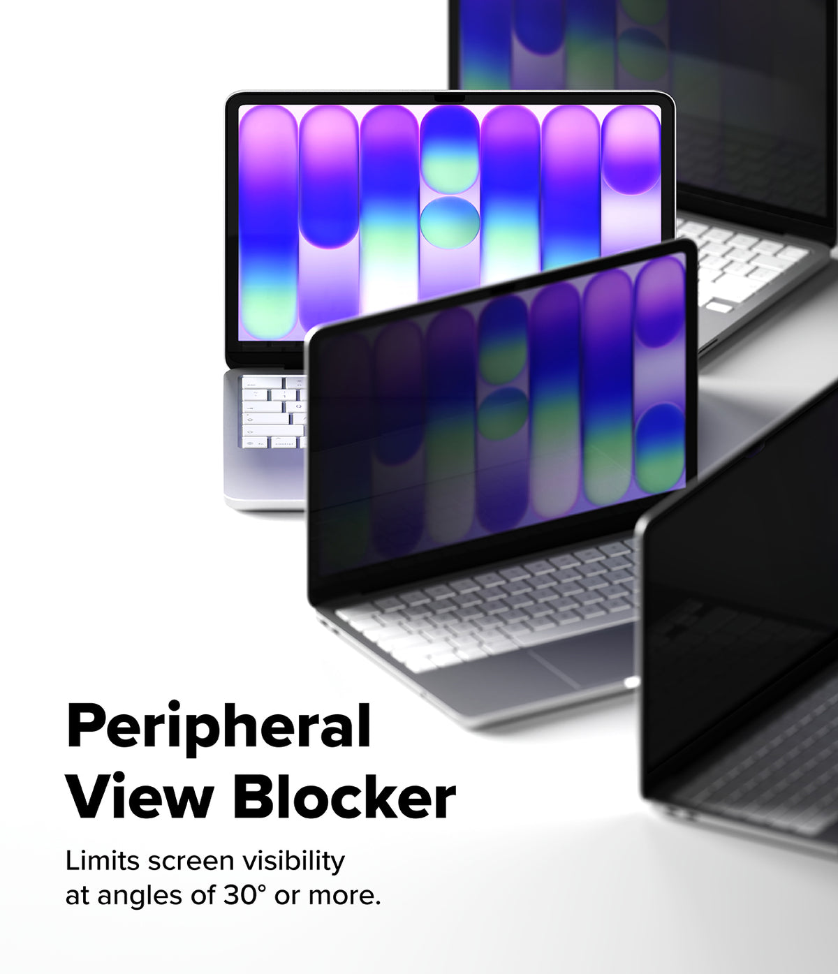 MacBook Neo | Magnetic AG Privacy Film - Promotional graphic for a peripheral view blocker, showing several silver laptops arranged on a white background with colorful screen content. Large text reads 'Peripheral View Blocker' with smaller text below stating it limits screen visibility at angles of 30° or more.