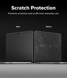 MacBook Neo | Magnetic AG Privacy Film - A promotional comparison graphic showing a laptop screen labeled 'After' on the left and 'Before' on the right, with the headline 'Scratch Protection' and subtext 'Prevents scratches and scuffs from everyday use.' on a dark background.