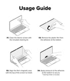 MacBook Neo | Magnetic AG Privacy Film - A usage guide diagram with four numbered steps showing how to install a screen protector on a laptop, including illustrations of hands, a laptop, and arrows indicating motion.