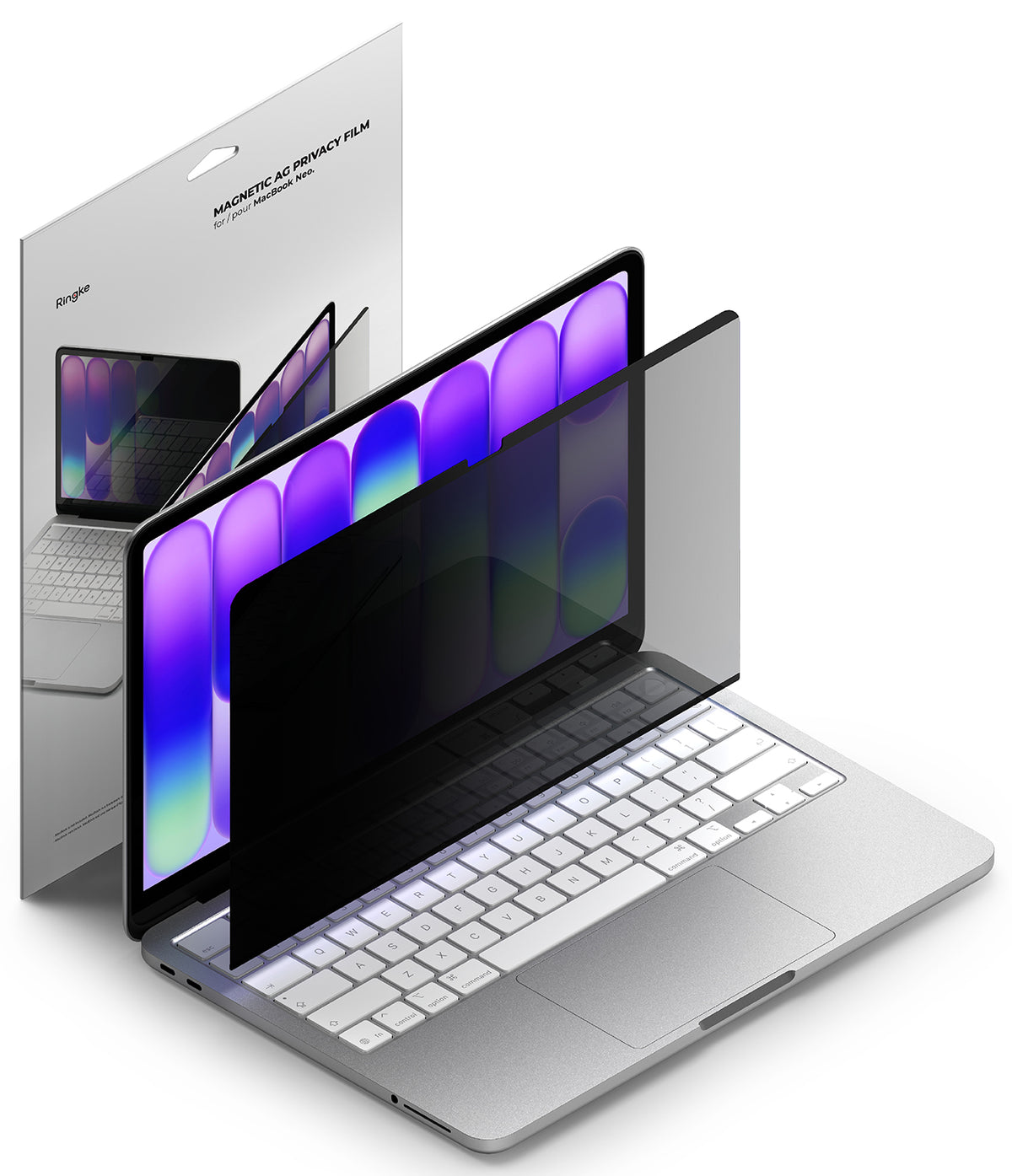 MacBook Neo | Magnetic AG Privacy Film - A silver laptop with two dark tinted magnetic air immunity films shown in front of its retail box on a clean white background.