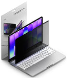 MacBook Neo | Magnetic AG Privacy Film - A silver laptop with two dark tinted magnetic air immunity films shown in front of its retail box on a clean white background.