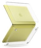 MacBook Neo | Slim - A clear acrylic protective case shown on a pale yellow laptop, demonstrating its transparent corners and hinge protection, set against a plain white background.