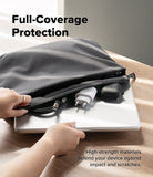 MacBook Neo Case + Protector all-groups - A black laptop sleeve with a built-in laptop protector pocket is shown on a wooden table, with hands demonstrating how to slide a laptop underneath the sleeve for full coverage. The text reads 'Full-Coverage Protection' and 'High-strength materials defend your device against impact and scratches.