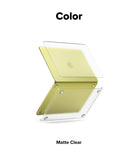 MacBook Neo | Slim - Matte clear protective cover for a laptop, shown on a closed Apple MacBook with a pale yellow interior visible through the transparent case. The image is labeled 'Color' at the top and 'Matte Clear' at the bottom on a white background.