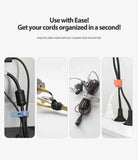 Silicone Cable Tie - Four panels showing colorful silicone ties organizing various computer and electronic cables.