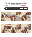 Silicone Cable Tie - Instructional diagram showing how to secure cables using a flexible silicone tie with latch holes.